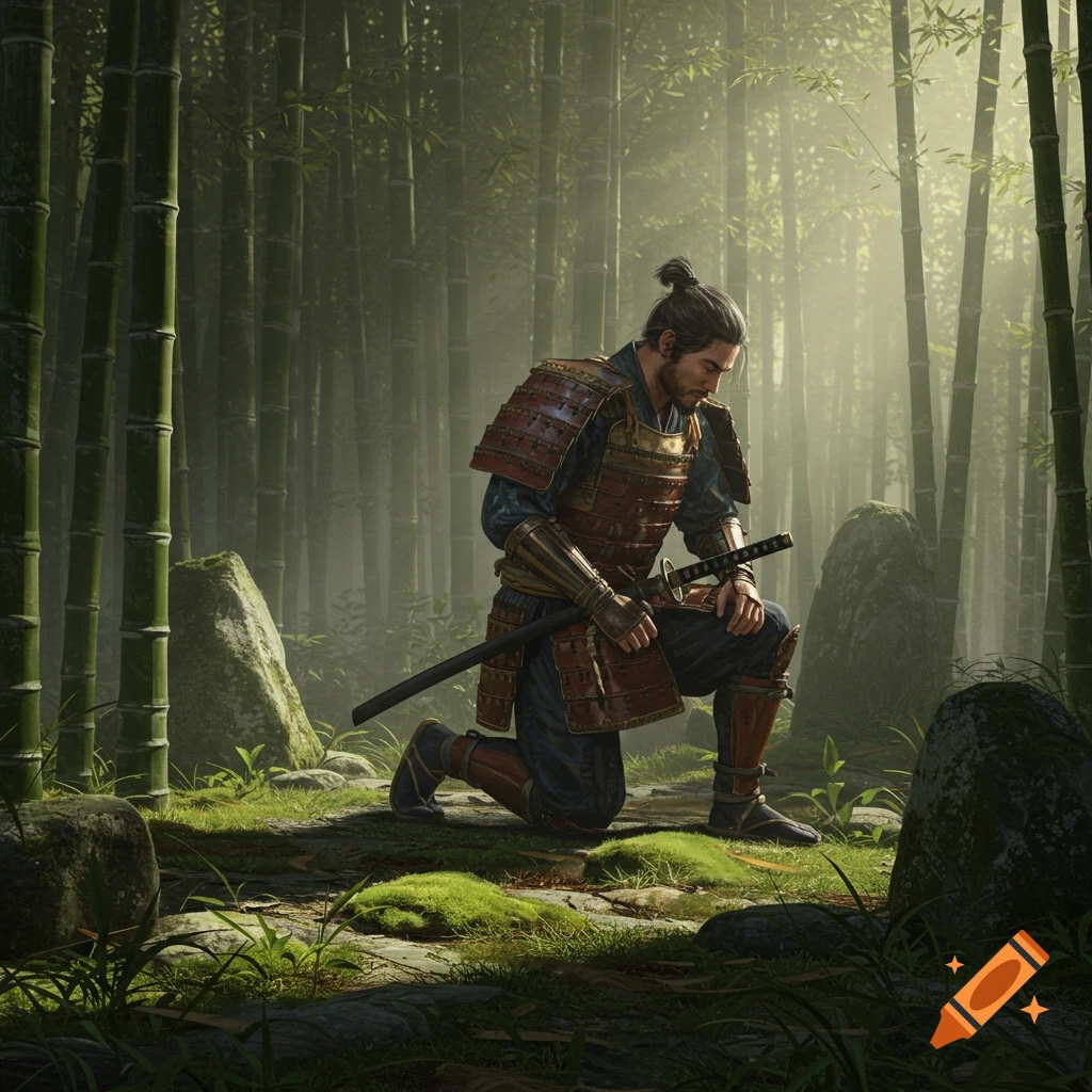 Realistic image of a samurai warrior kneeling with a sword in a sun-dappled bamboo forest.