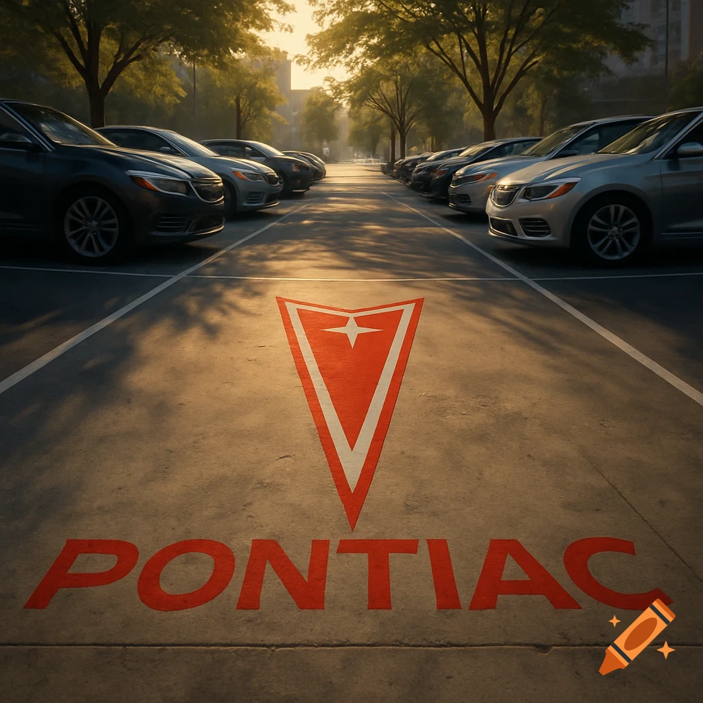 A photorealistic image of a parking lot with a red Pontiac logo and text painted on the asphalt, surrounded by parked cars and trees.