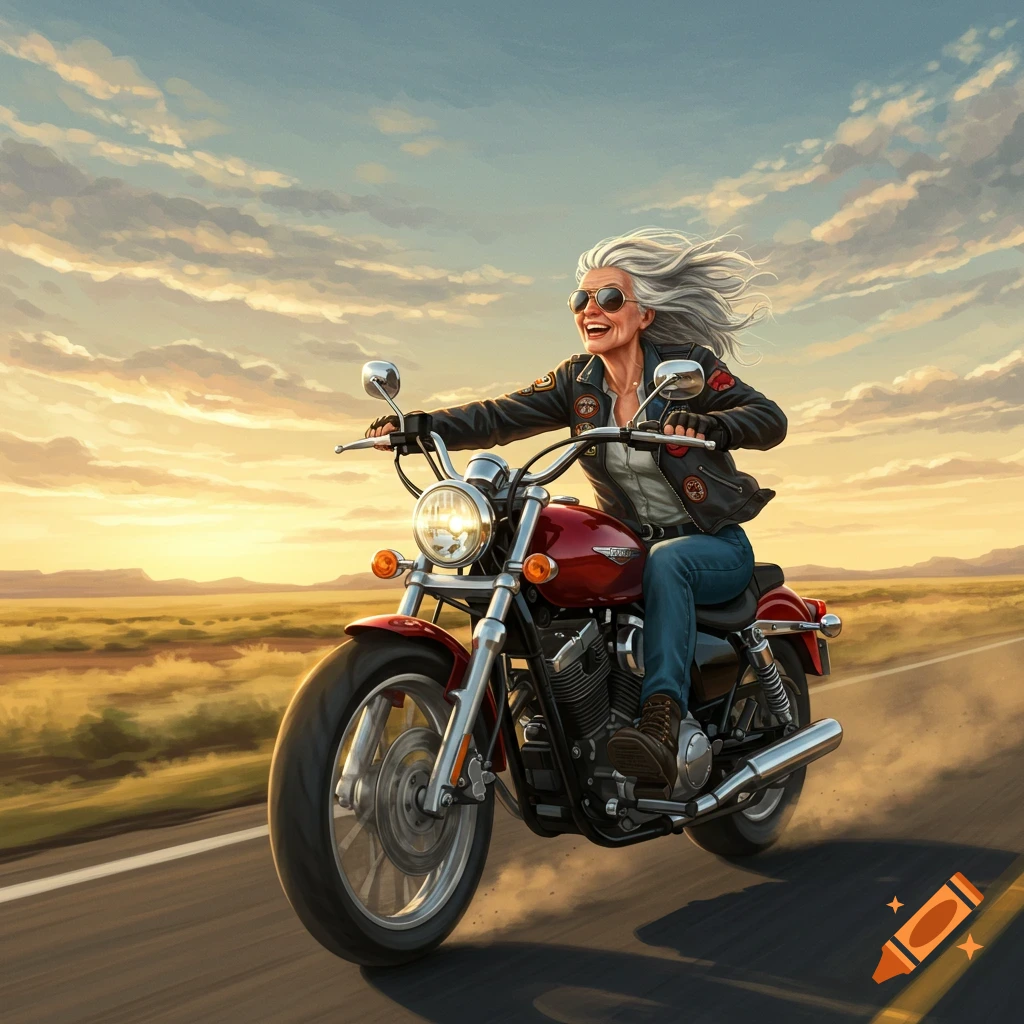 Happy older woman with windswept gray hair and sunglasses rides a red motorcycle on a desert road at sunset.