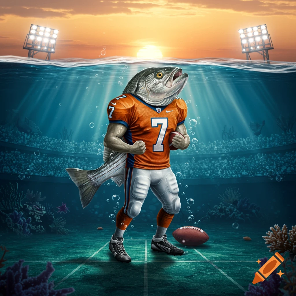 A fish with a human body wearing an orange football jersey with the number 7 stands in an underwater football stadium at sunset.