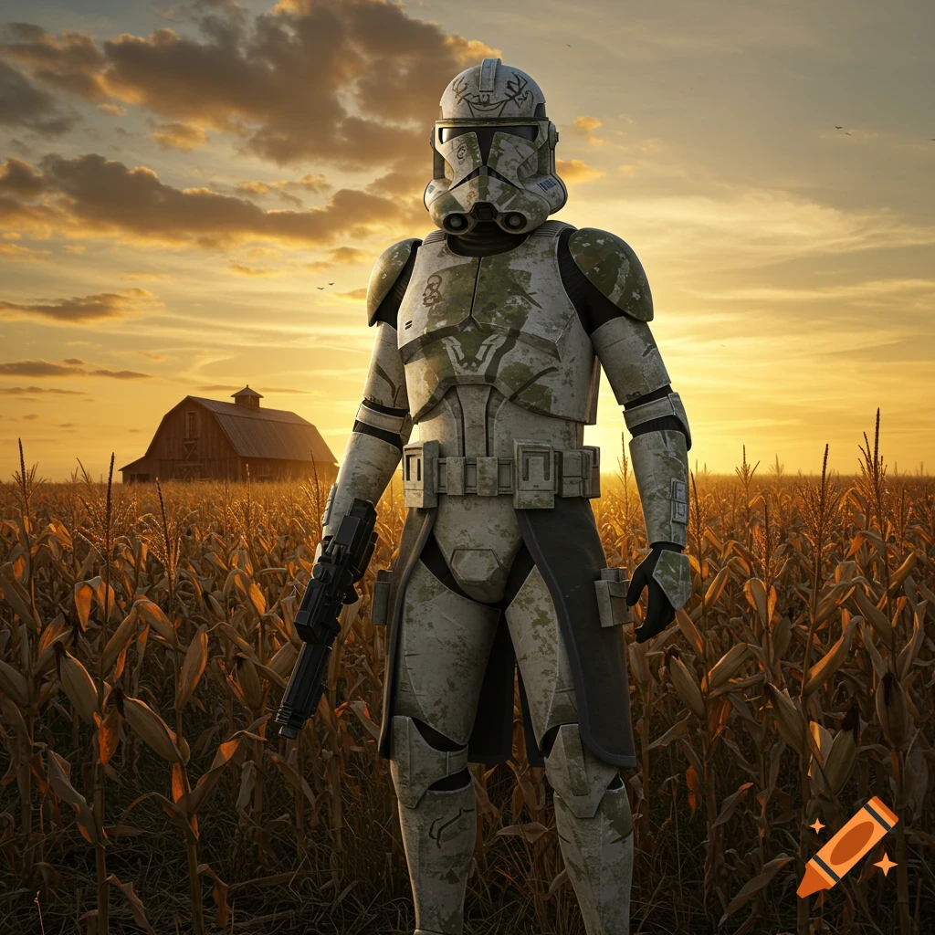 A photorealistic image of a Star Wars Clone Trooper, dressed in green and white camouflage armor, standing in a golden cornfield at sunset, with a rustic red barn in the background.