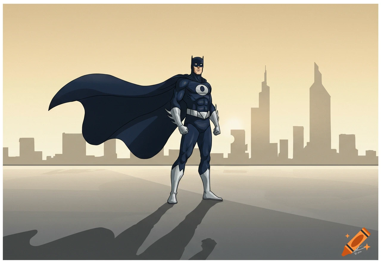 A superhero in a dark blue suit with a cape and white chest symbol stands on a rooftop, minimalist city skyline behind.