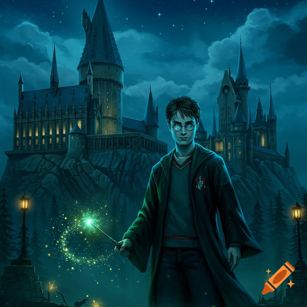 Harry Potter in glasses and robes casts a green sparkling spell with his wand, standing before a large, dark Hogwarts castle at night. The sky is dark blue with stars.