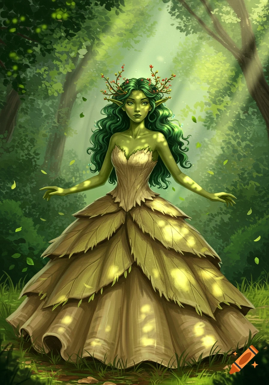 A green-skinned nature spirit with a leaf gown and branch crown stands in a sunlit forest in a fairytale illustration.