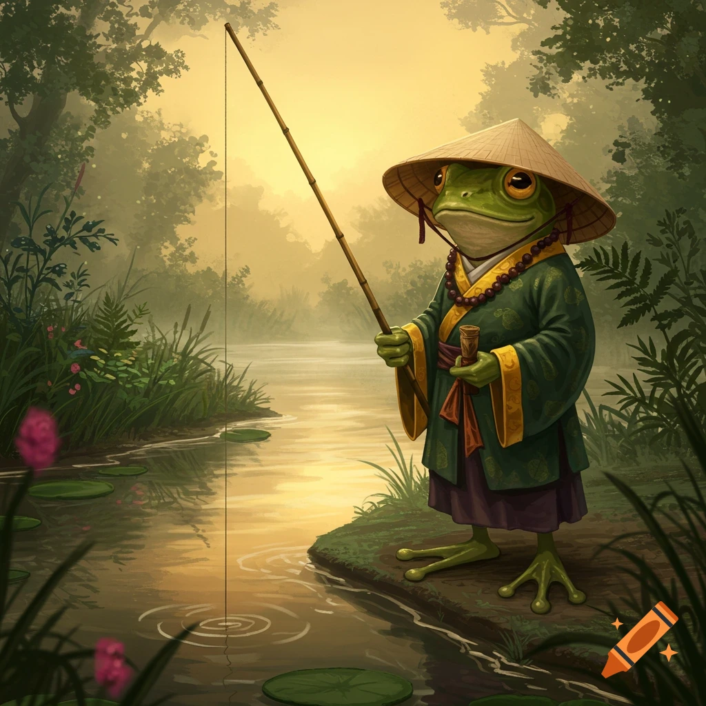 A detailed illustration of a frog in a green robe and conical hat, fishing by a river in a misty forest at sunset.