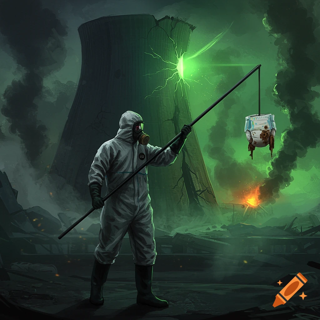A hazmat-suited person holds a pole with a dirty diaper in a dark, green-lit post-apocalyptic wasteland with a ruined nuclear cooling tower.