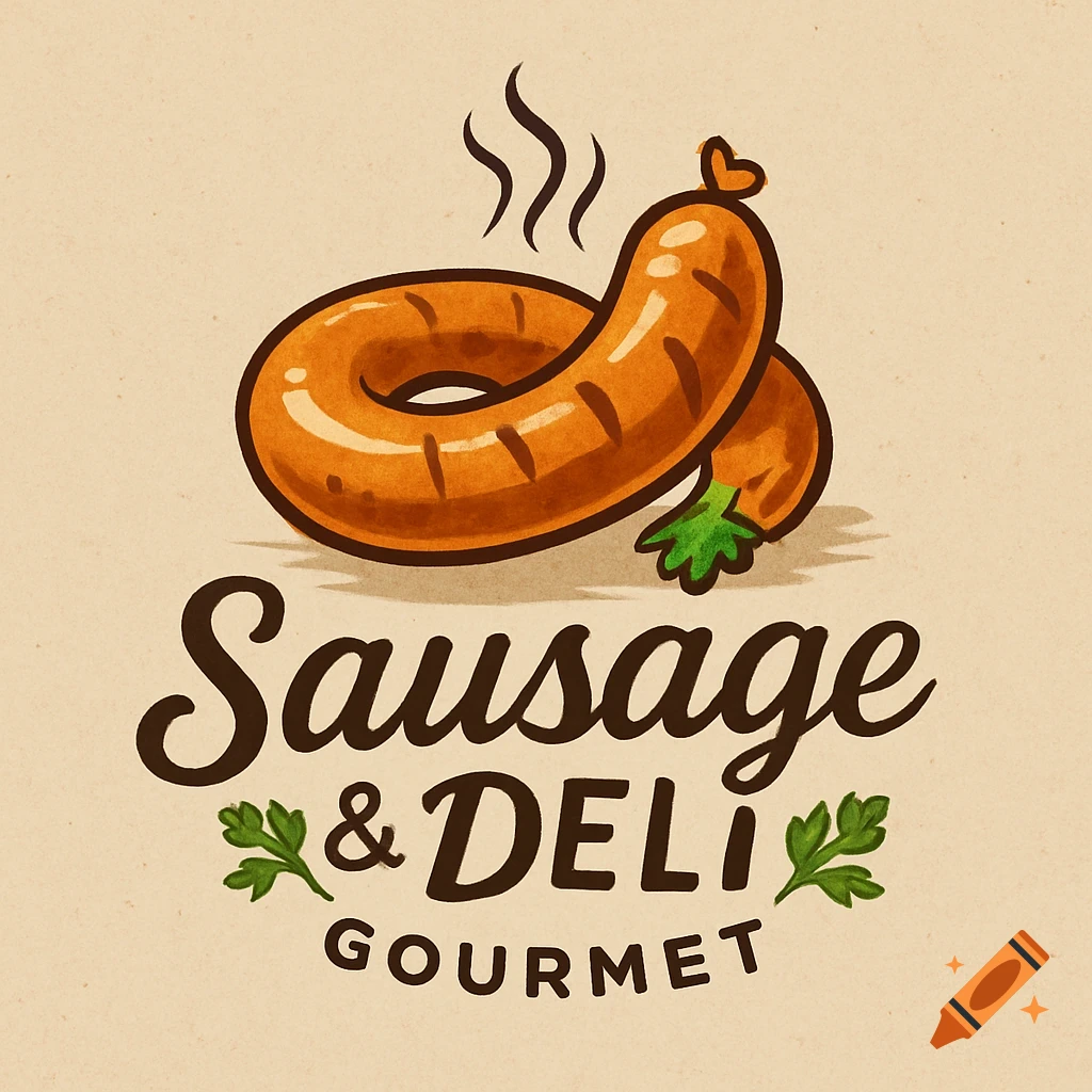 Cartoon logo for Sausage & Deli Gourmet, featuring a steaming curled sausage and parsley.