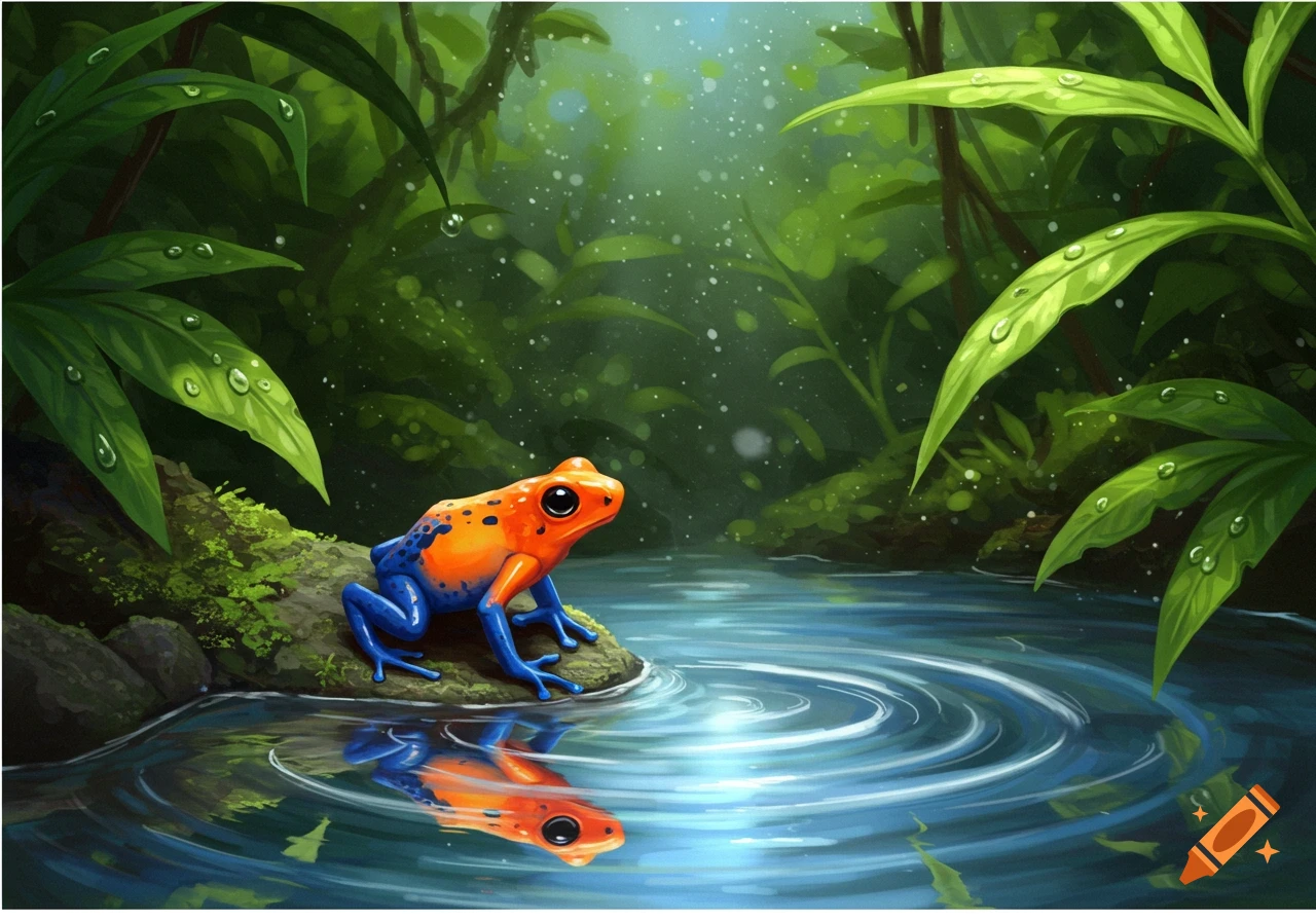 A vibrant orange and blue poison dart frog sits on a mossy rock by a rippling pond in a lush, painterly jungle.