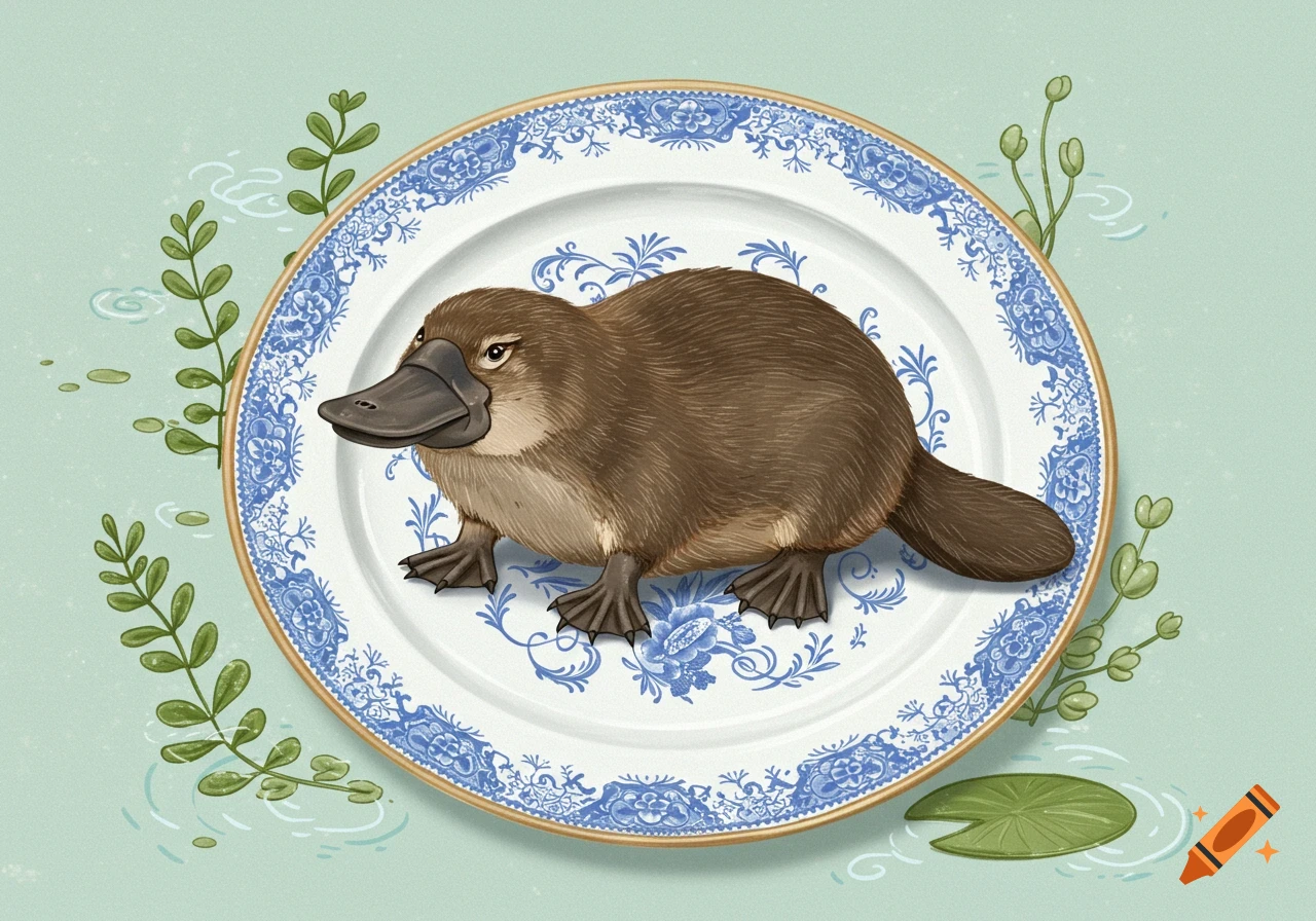An illustration of a brown platypus sitting on a white and blue decorative plate, surrounded by green aquatic plants.