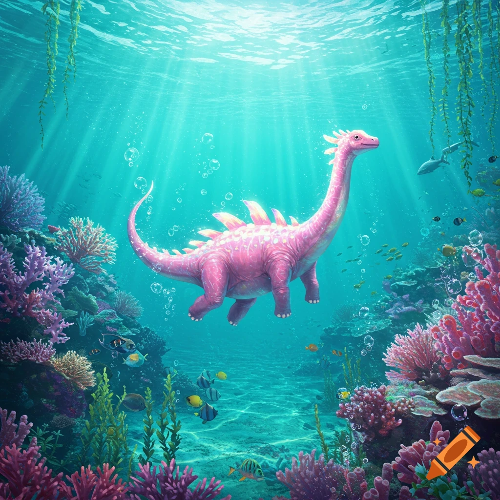 A vibrant pink dinosaur swims gracefully through a brightly lit coral reef with colorful fish.