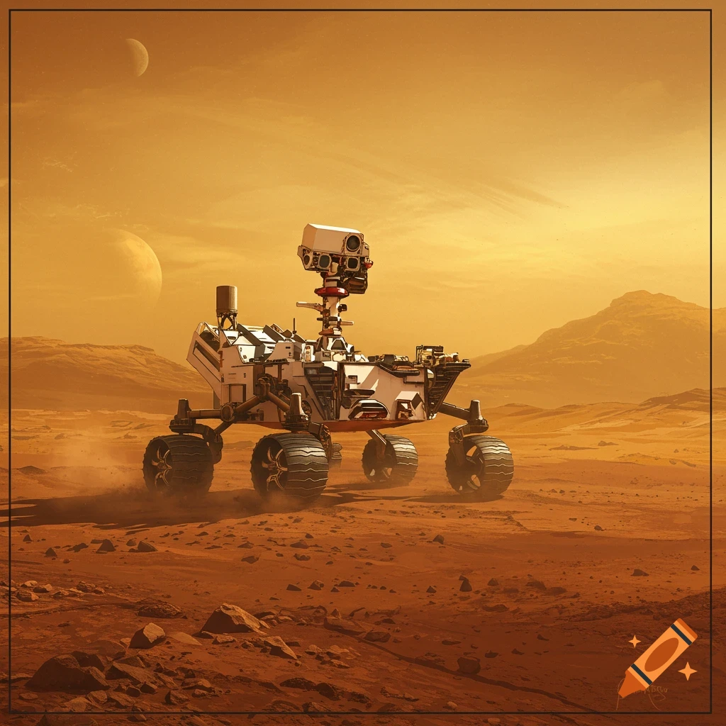A futuristic Mars rover explores a dusty, reddish-orange Martian landscape under a warm, chiaroscuro sky with two moons.