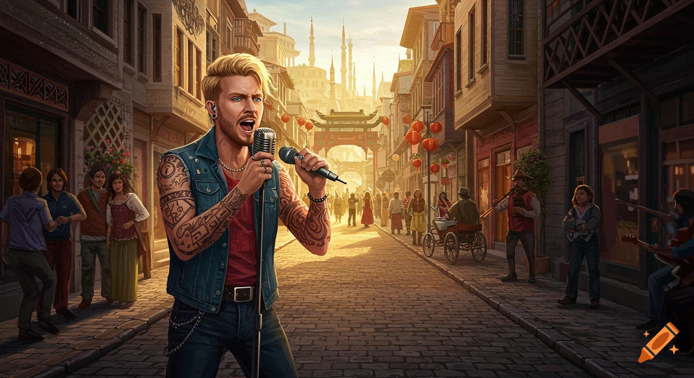 Blonde man with tattoos singing into a microphone on a cobbled street in a bustling city with diverse architecture at sunset.