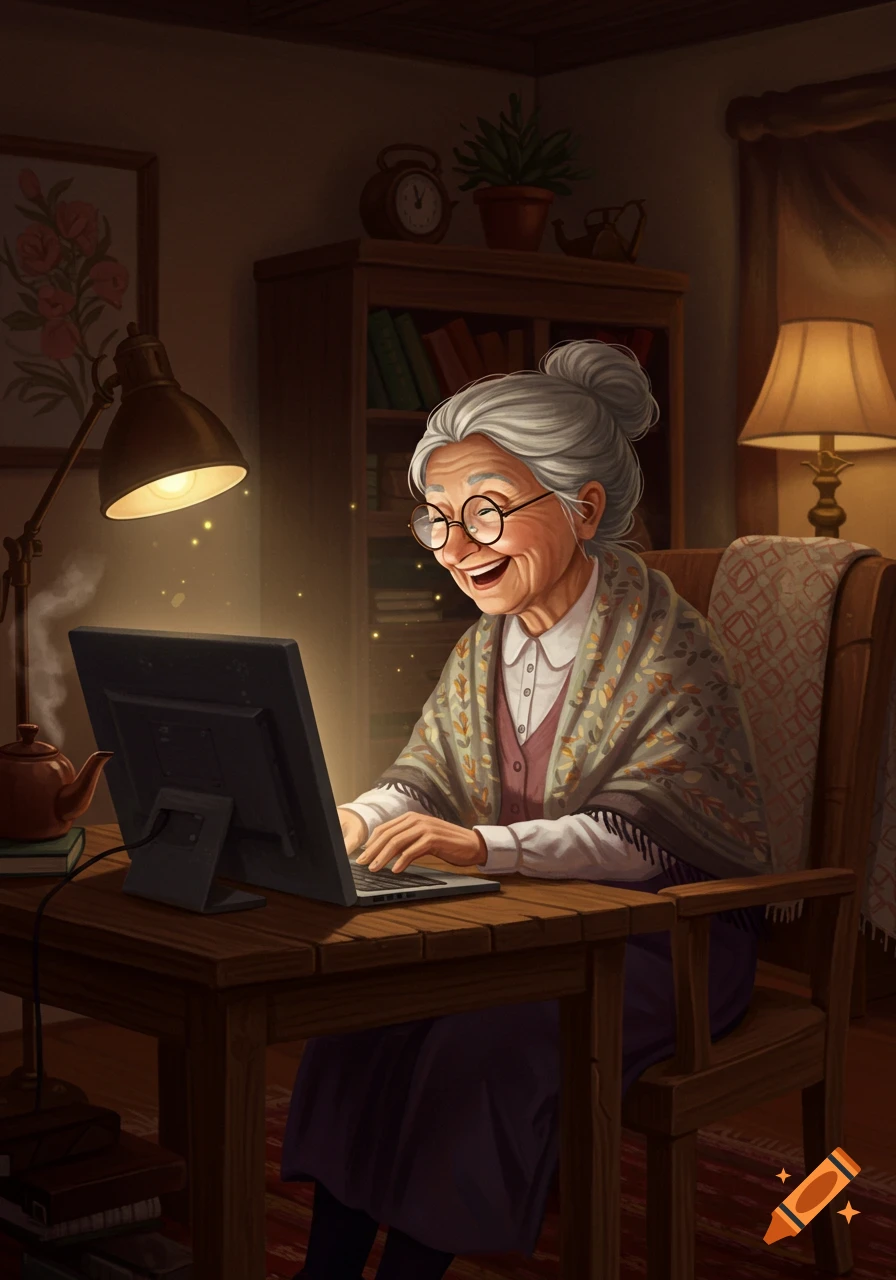 A happy, elderly grandmother with spectacles and grey hair bun sits at a wooden desk in a cozy room, smiling while typing on a laptop. Illustration.