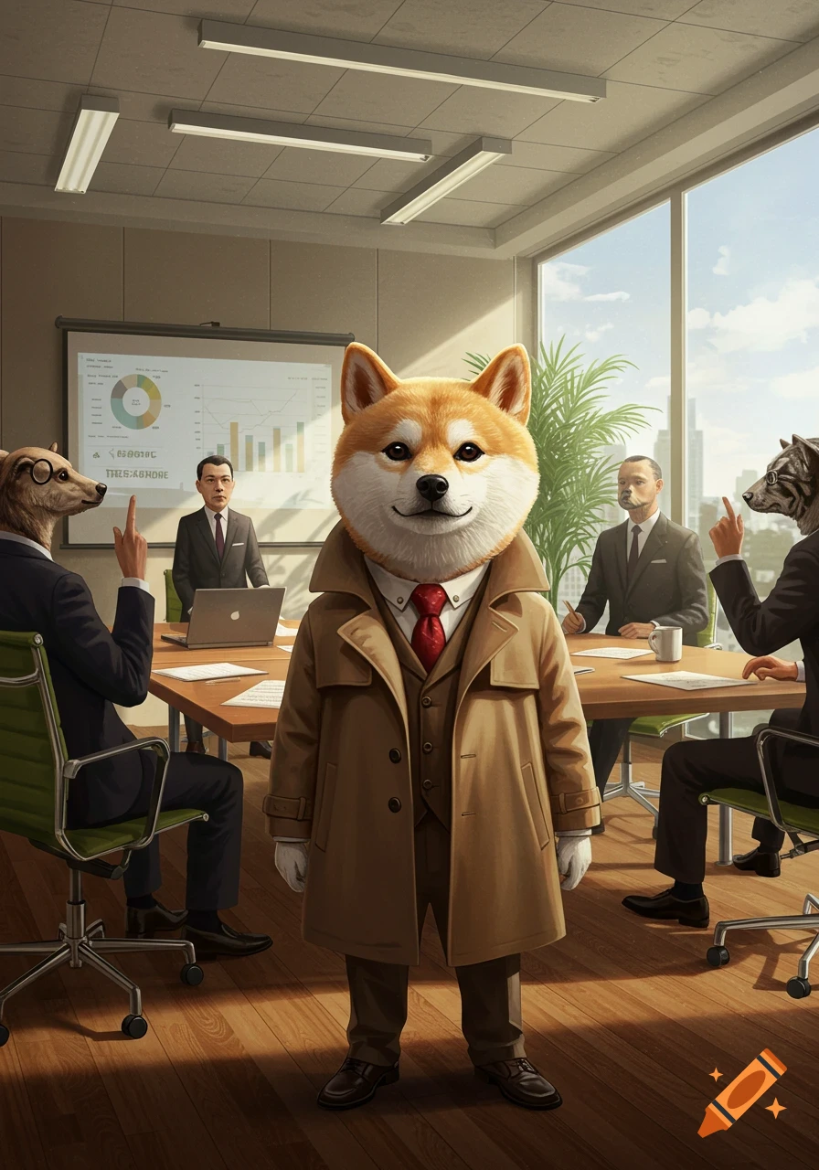 A Shiba Inu in a trench coat stands in an office meeting with anthropomorphic animals and humans seated at a table.