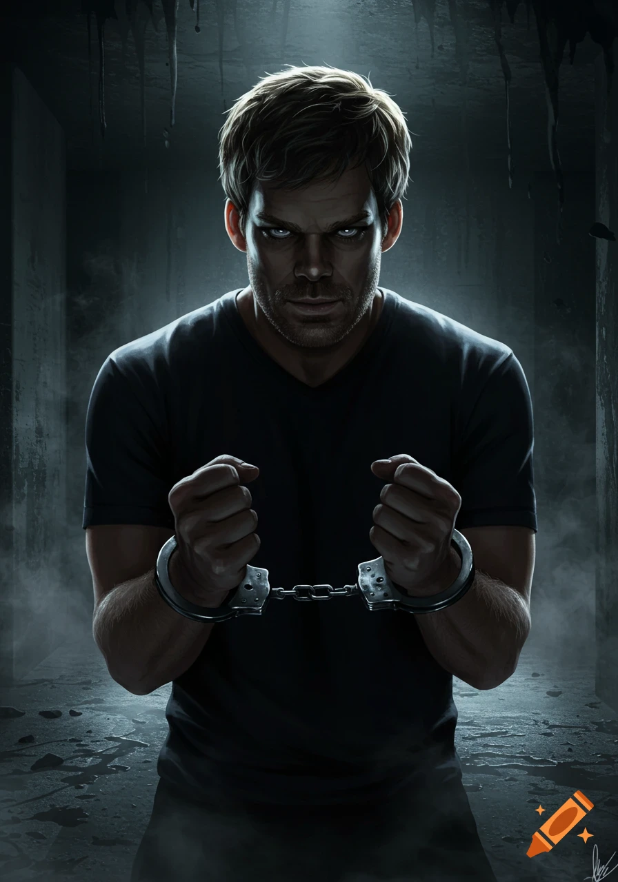A dark, photorealistic portrait of a man, resembling Dexter Morgan, in handcuffs with glowing blue eyes, against a shadowy, ominous background.