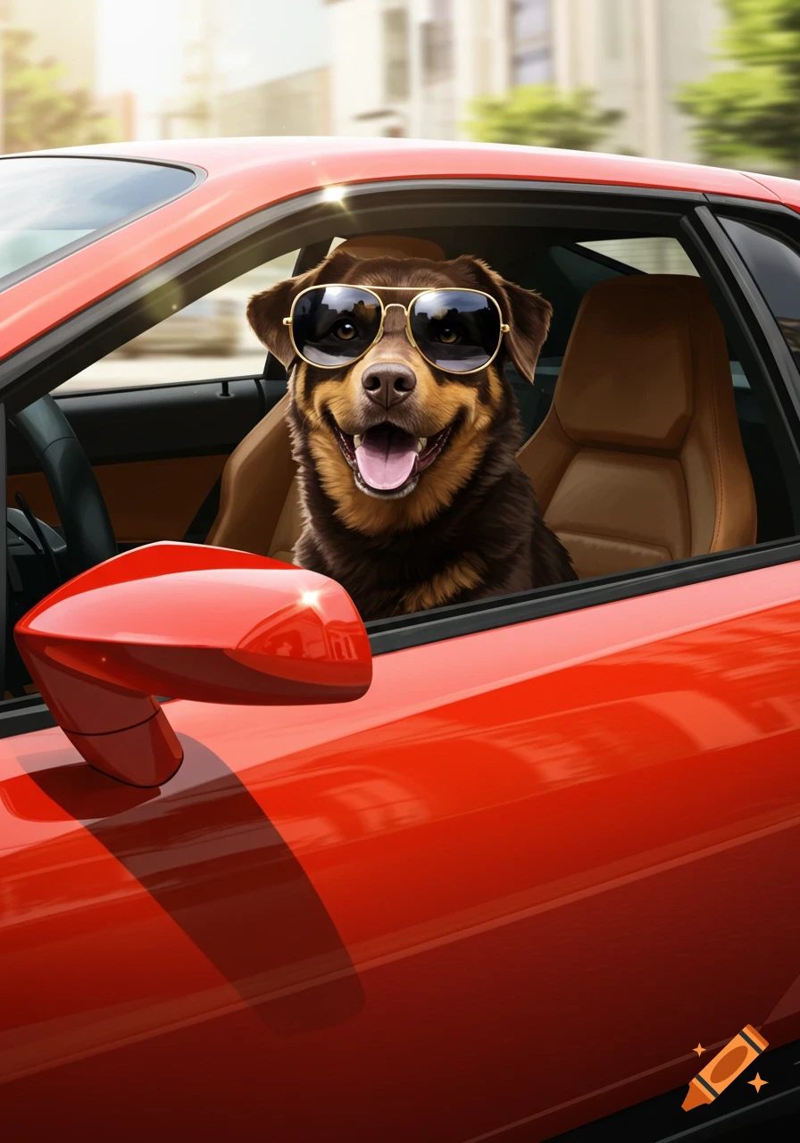 Photorealistic image of a happy dog wearing sunglasses, sitting in the driver's seat of a shiny red sports car.