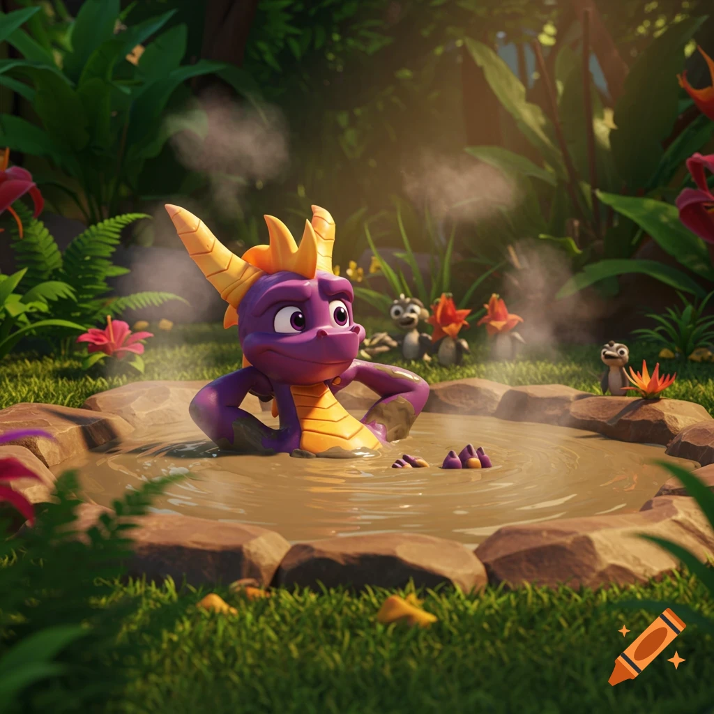 A purple and orange 3D animated dragon, Spyro, relaxes happily in a mud hot tub surrounded by lush green jungle foliage.