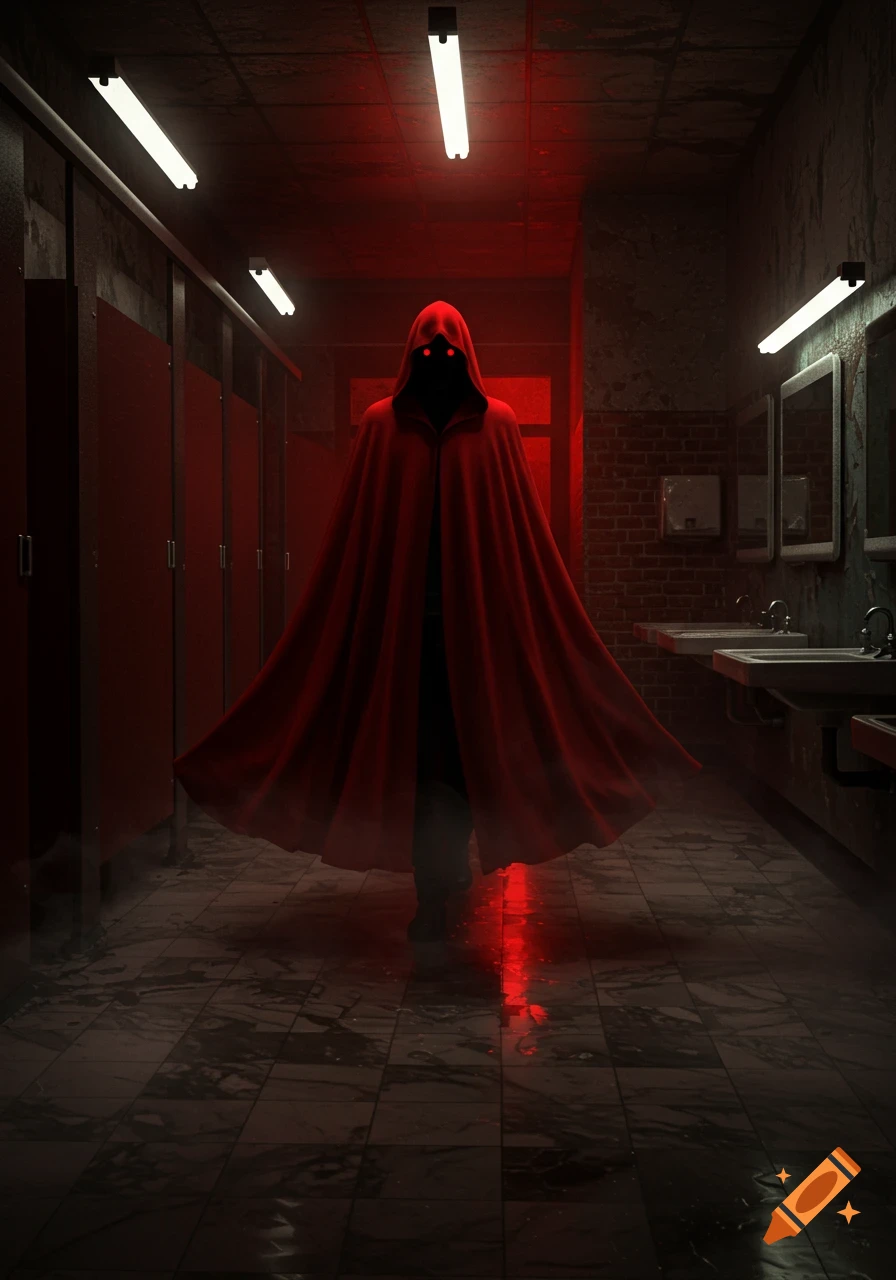A dark figure in a flowing red cloak with glowing red eyes stands in a dimly lit, dirty public restroom.