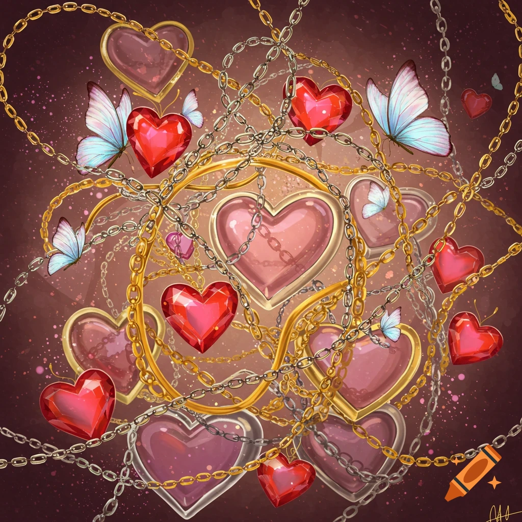 A decorative illustration featuring a tangle of gold and silver chains, red and pink hearts, and light blue butterflies against a dark background.