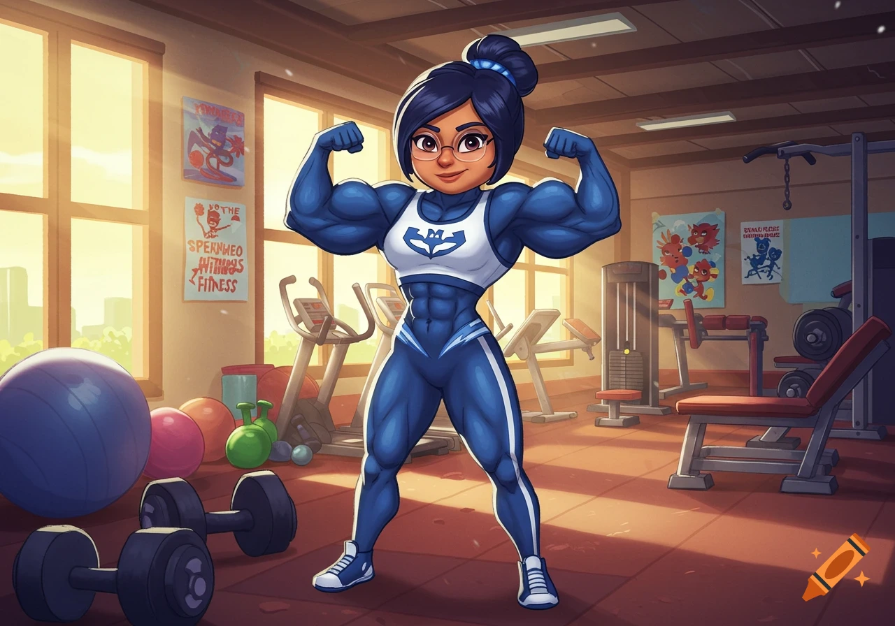 A cartoon woman with dark hair in a ponytail and glasses, wearing a blue and white sports outfit, flexes her muscular arms in a gym.