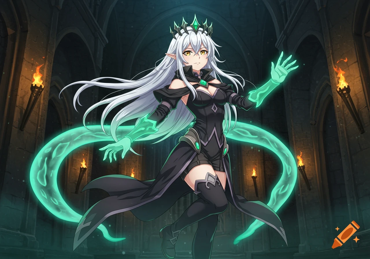 An anime elf woman with white hair, black mage attire, green spectral crown, and glowing green hands floats in a dark dungeon.