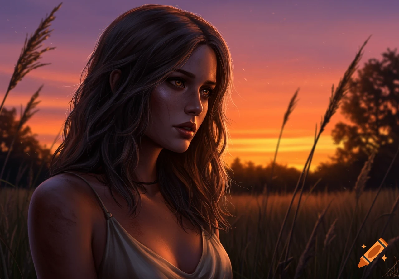 Artistic portrait of a woman with long hair in a field at sunset, vibrant orange and purple sky.