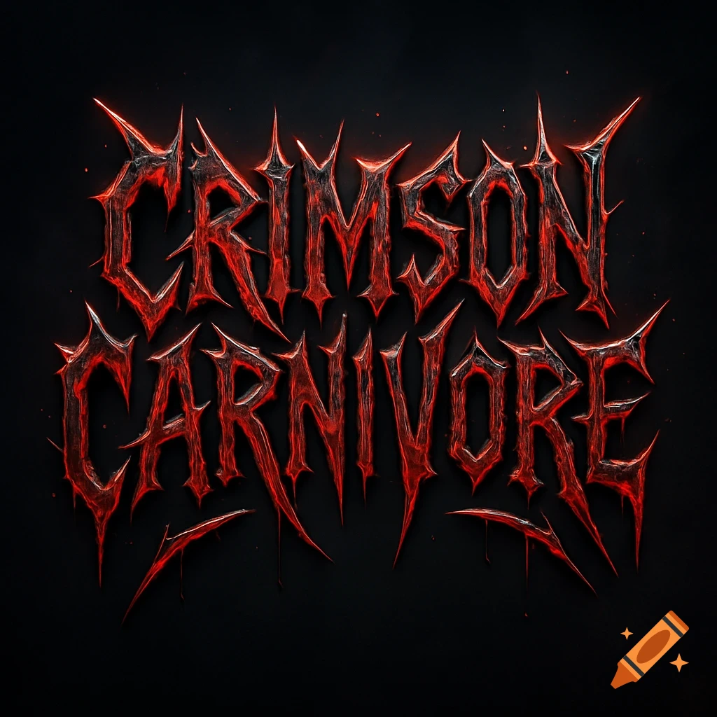 A stylized logo with jagged, red and black metallic text spelling "Crimson Carnivore" on a dark background.