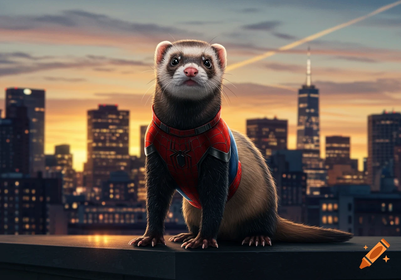 A cute ferret dressed as Spider-Man sits on a rooftop overlooking a city skyline at sunset.