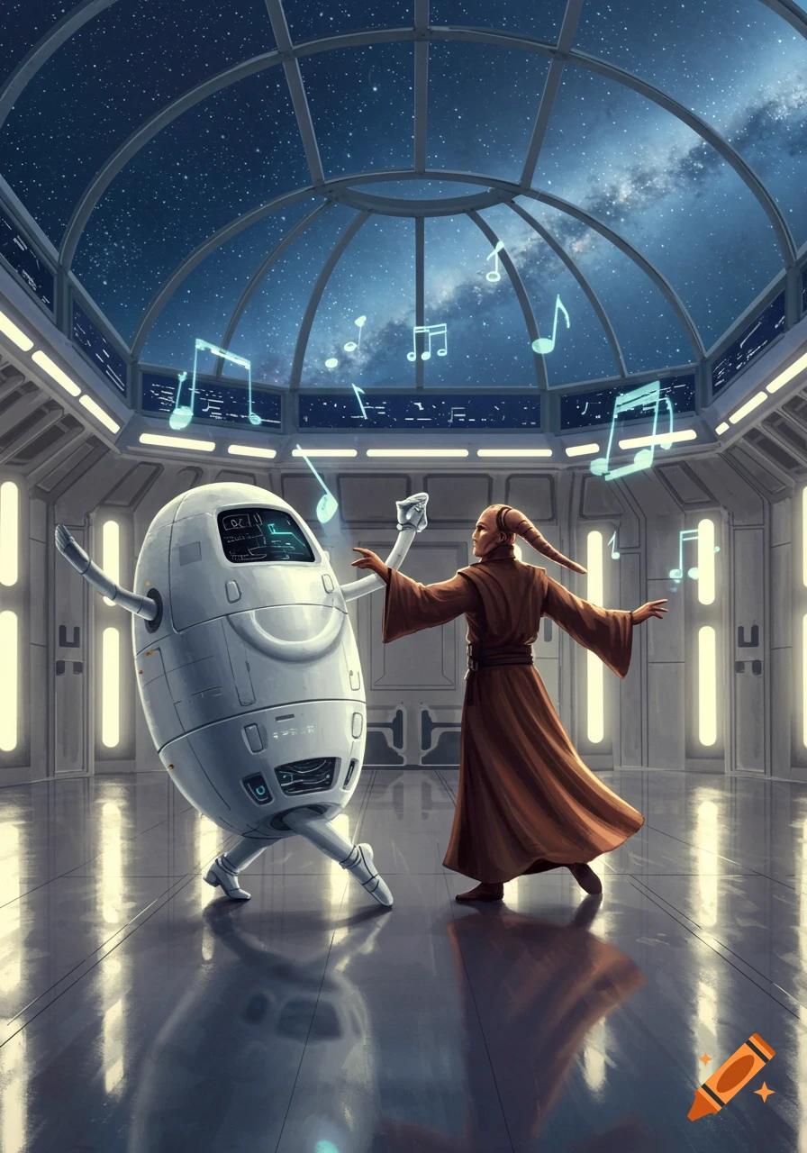 A white, egg-shaped robot with limbs dances with a robed, tentacled alien in a futuristic room under a starry dome with glowing musical notes.