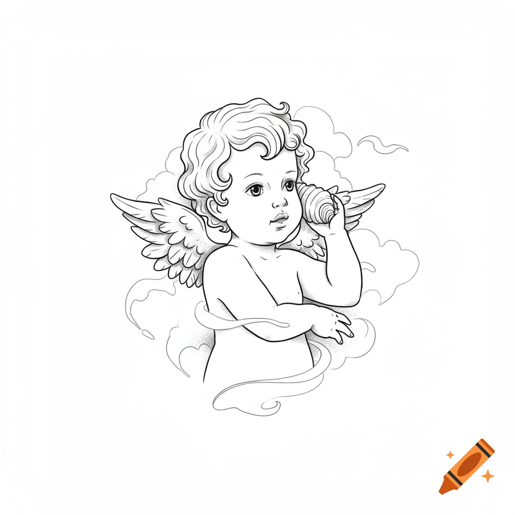 Black and white line art drawing of a cherub holding a conch shell to its ear, surrounded by clouds, in a tattoo design style.
