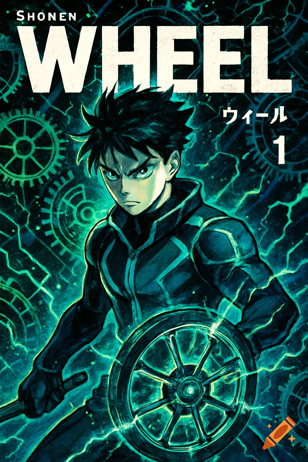 Manga cover of a determined young man with spiky dark hair, wearing a dark blue suit, holding a staff and a glowing wheel.