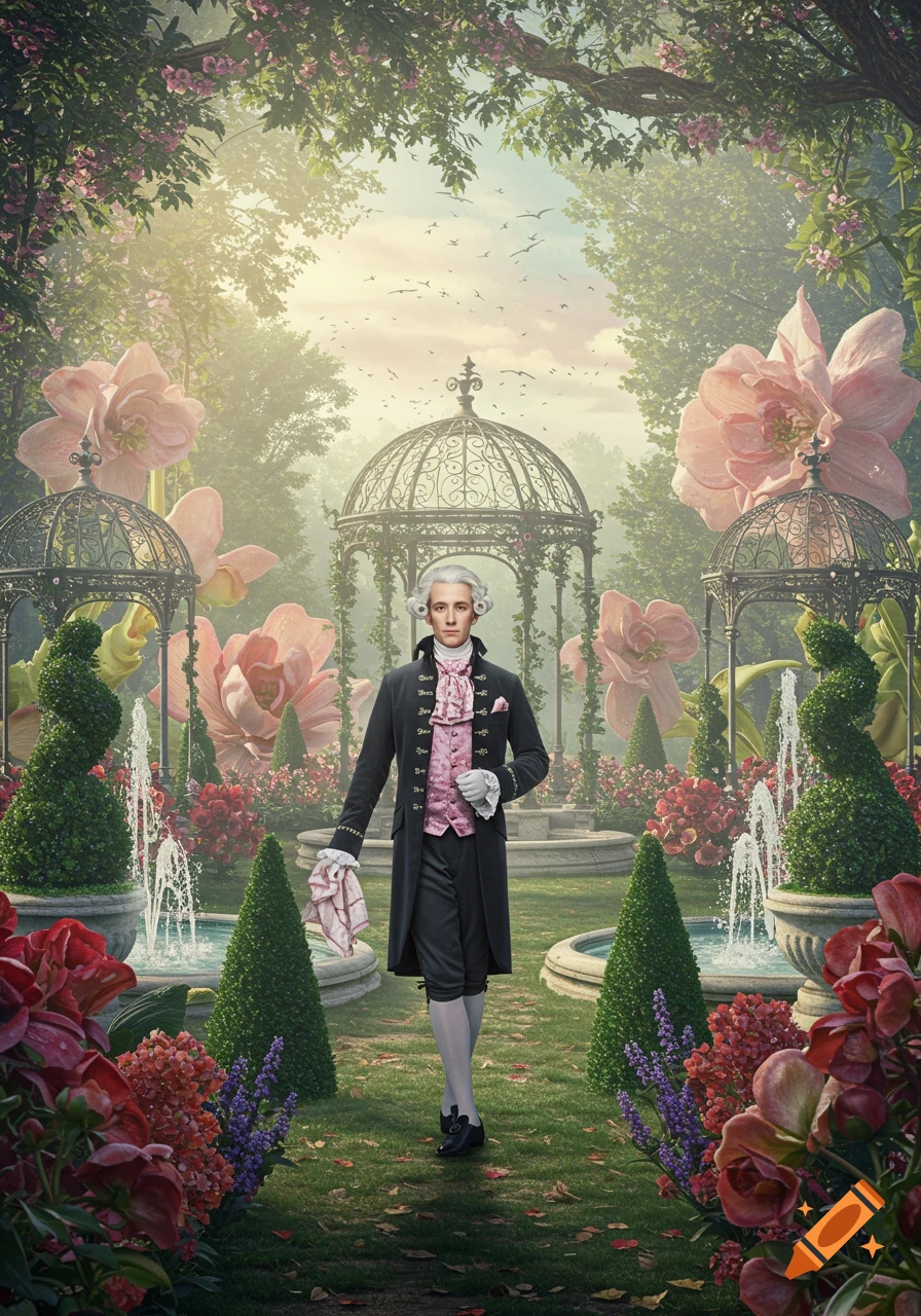 A dandy-dressed man in 18th-century attire stands in a lush, ornate garden with oversized pink flowers, gazebos, and fountains.