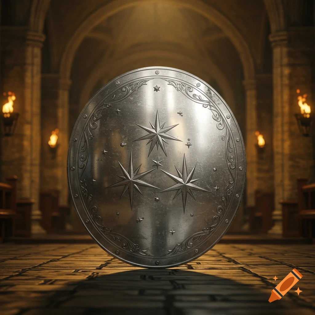 A detailed silver shield with a three-star emblem stands upright in a torch-lit stone hall.