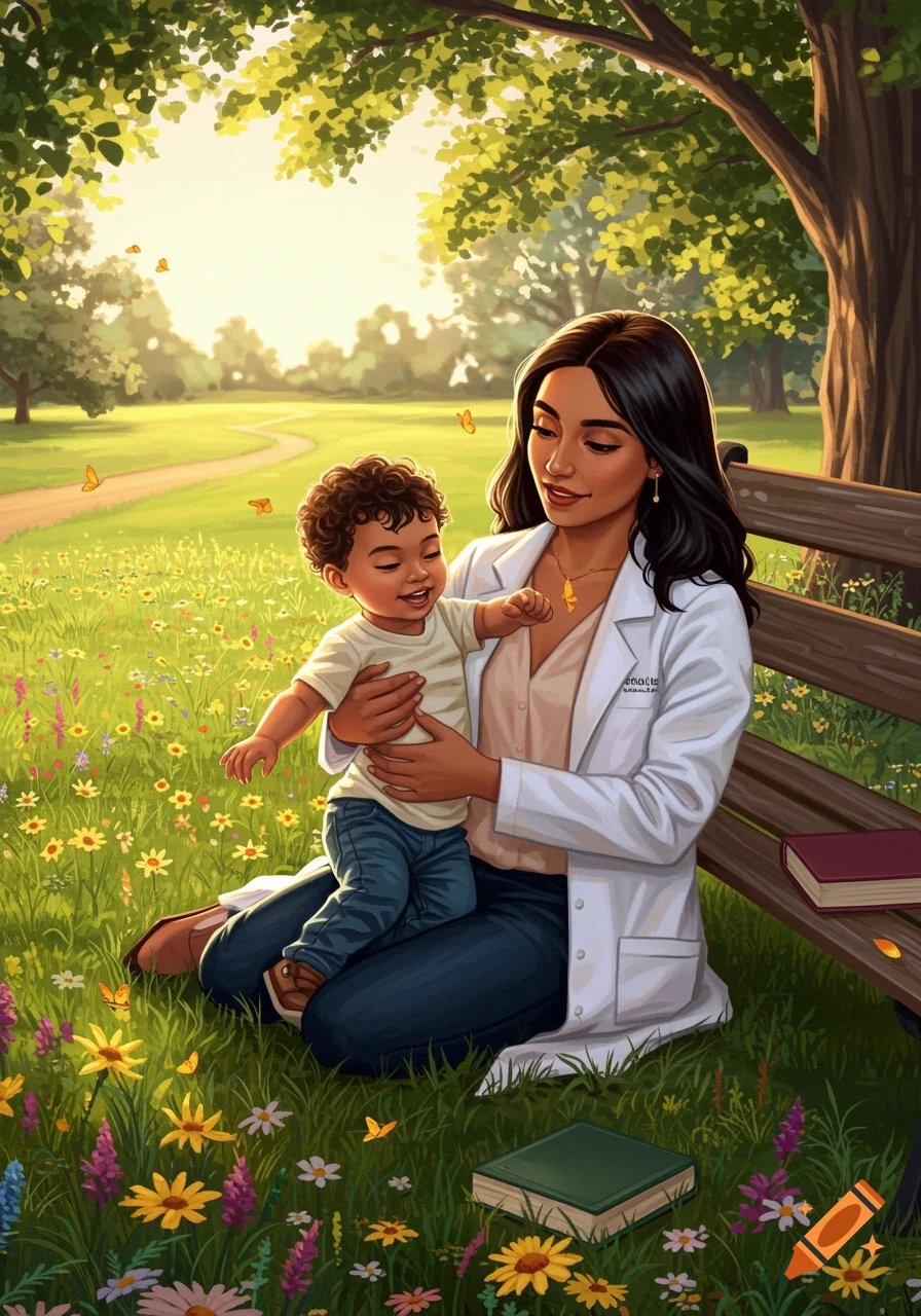 Smiling woman in a lab coat holds a happy child in a sunlit park with wildflowers and a tree, in an illustrated style.