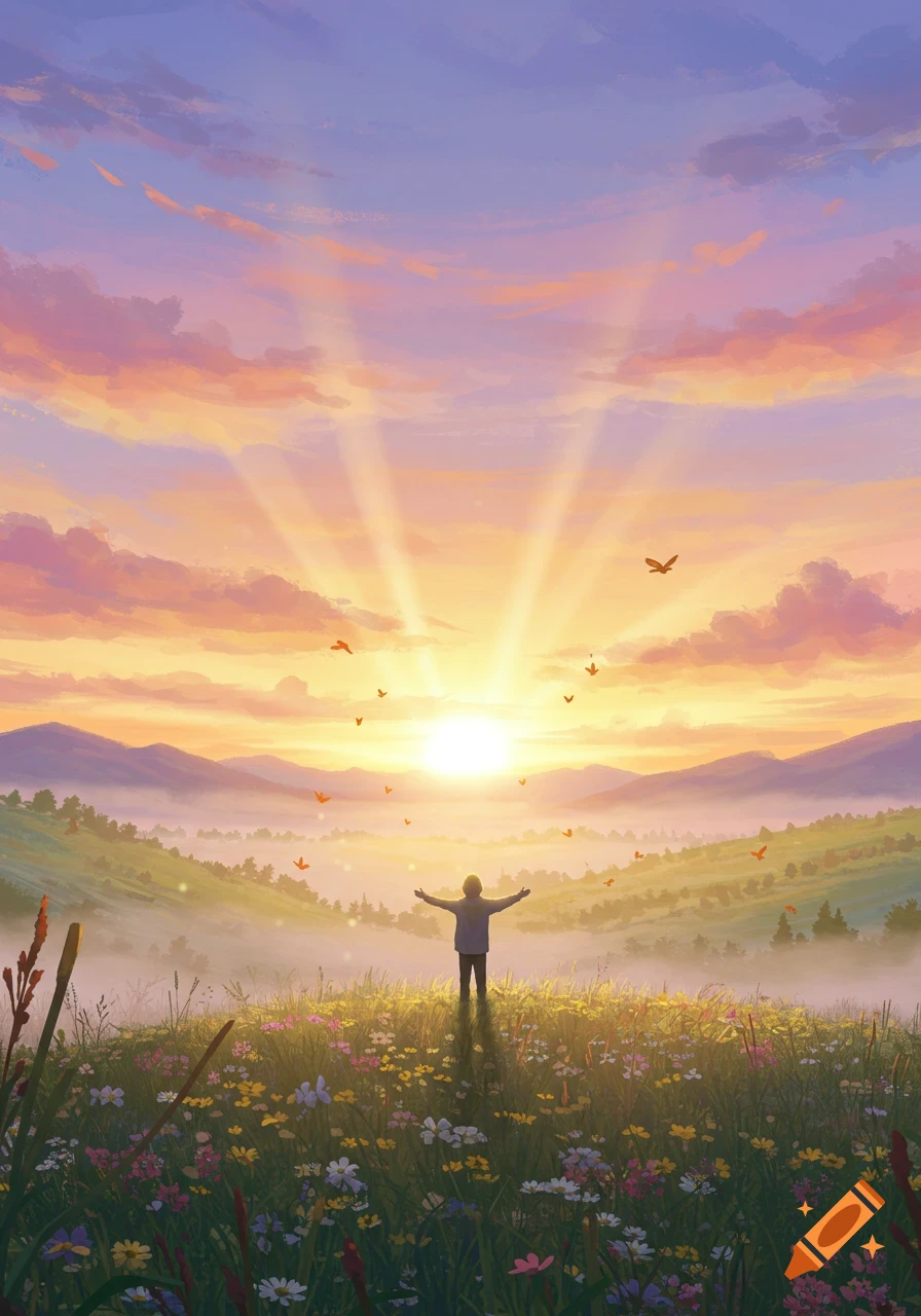 A person with arms outstretched stands in a vibrant wildflower field, facing a radiant sunrise over misty hills and valleys.