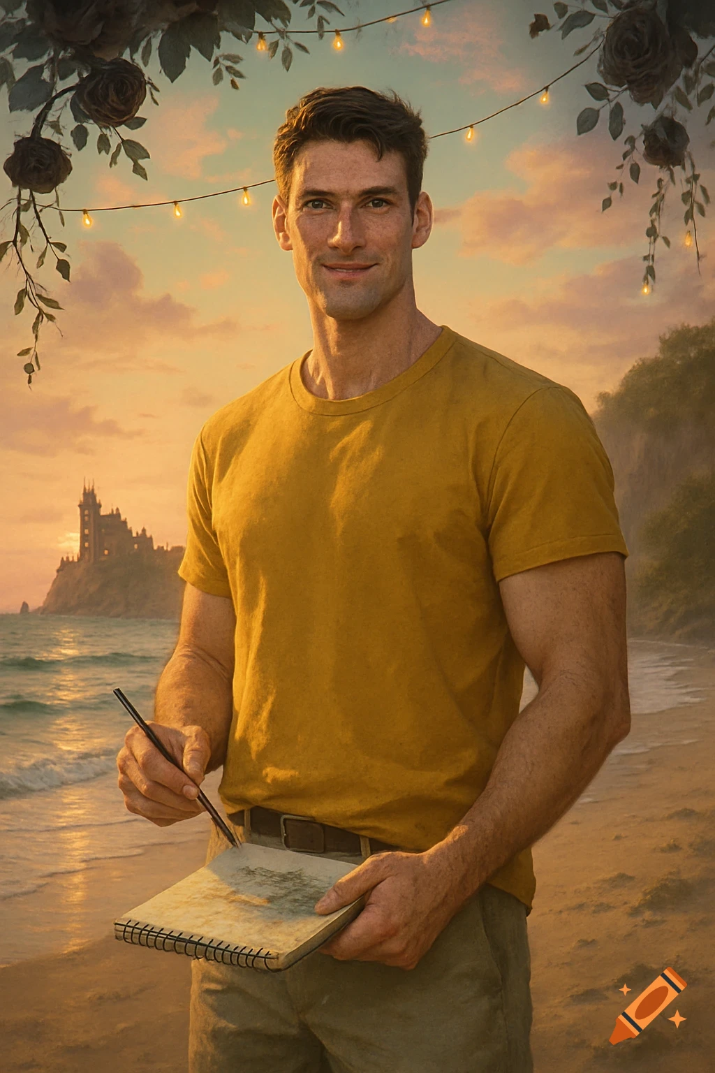 Smiling man sketching on a beach at sunset, castle and string lights in background. Photorealistic style.