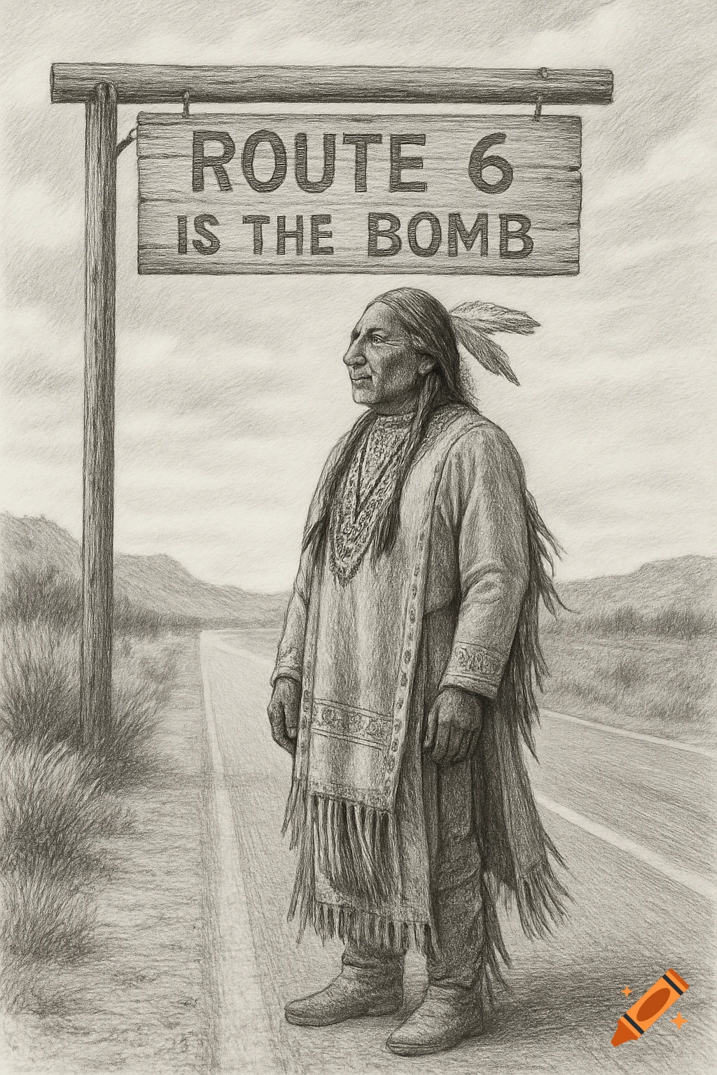 Pencil drawing of a Native American man standing by a sign for "Route 6 Is The Bomb" on a desolate road with mountains.