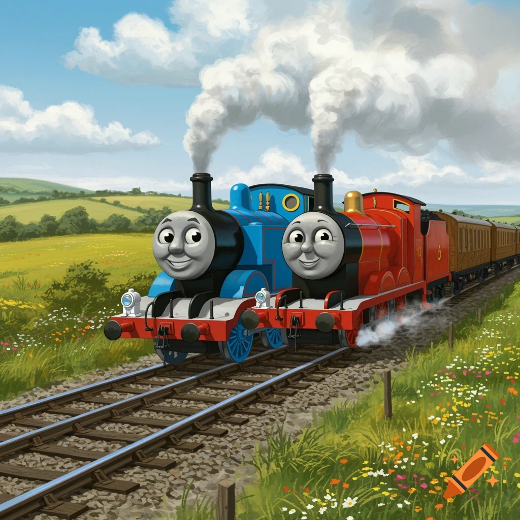 Two cartoon trains, Thomas (blue) and James (red), smile on parallel tracks in a vibrant green field with wildflowers under a blue sky.