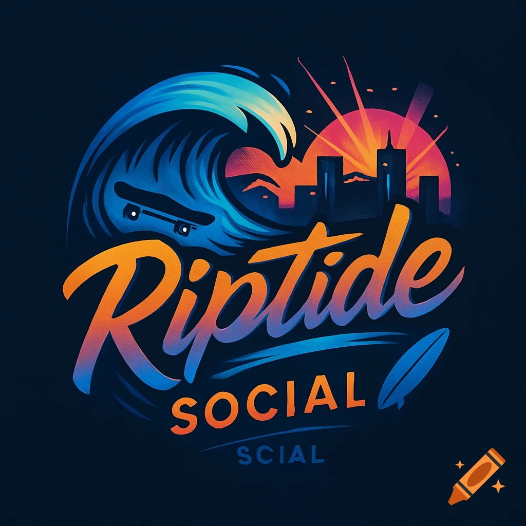 Vibrant logo with a blue and orange wave, skateboard, orange sunset over a city skyline, and 'Riptide SOCIAL' text with a surfboard.