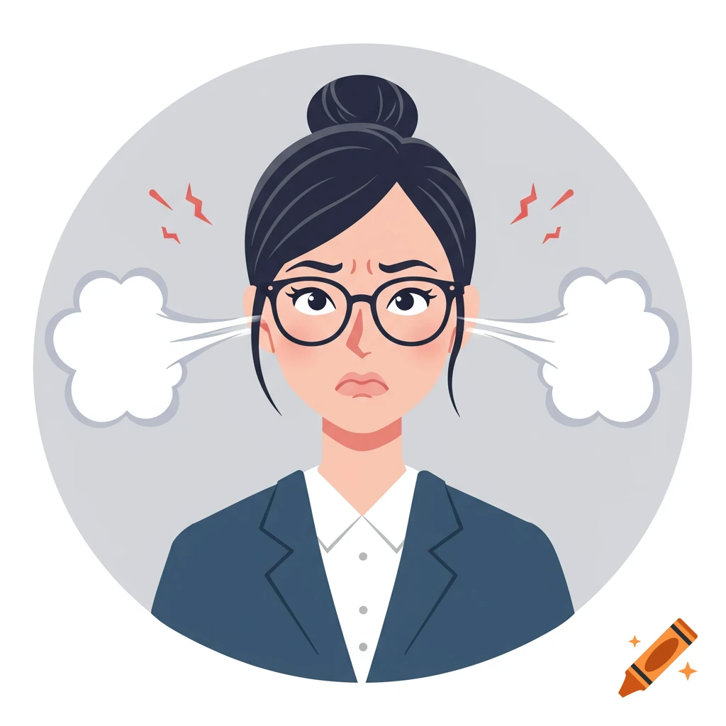 Cartoon illustration of a stressed woman in glasses and a business suit with steam coming from her ears.