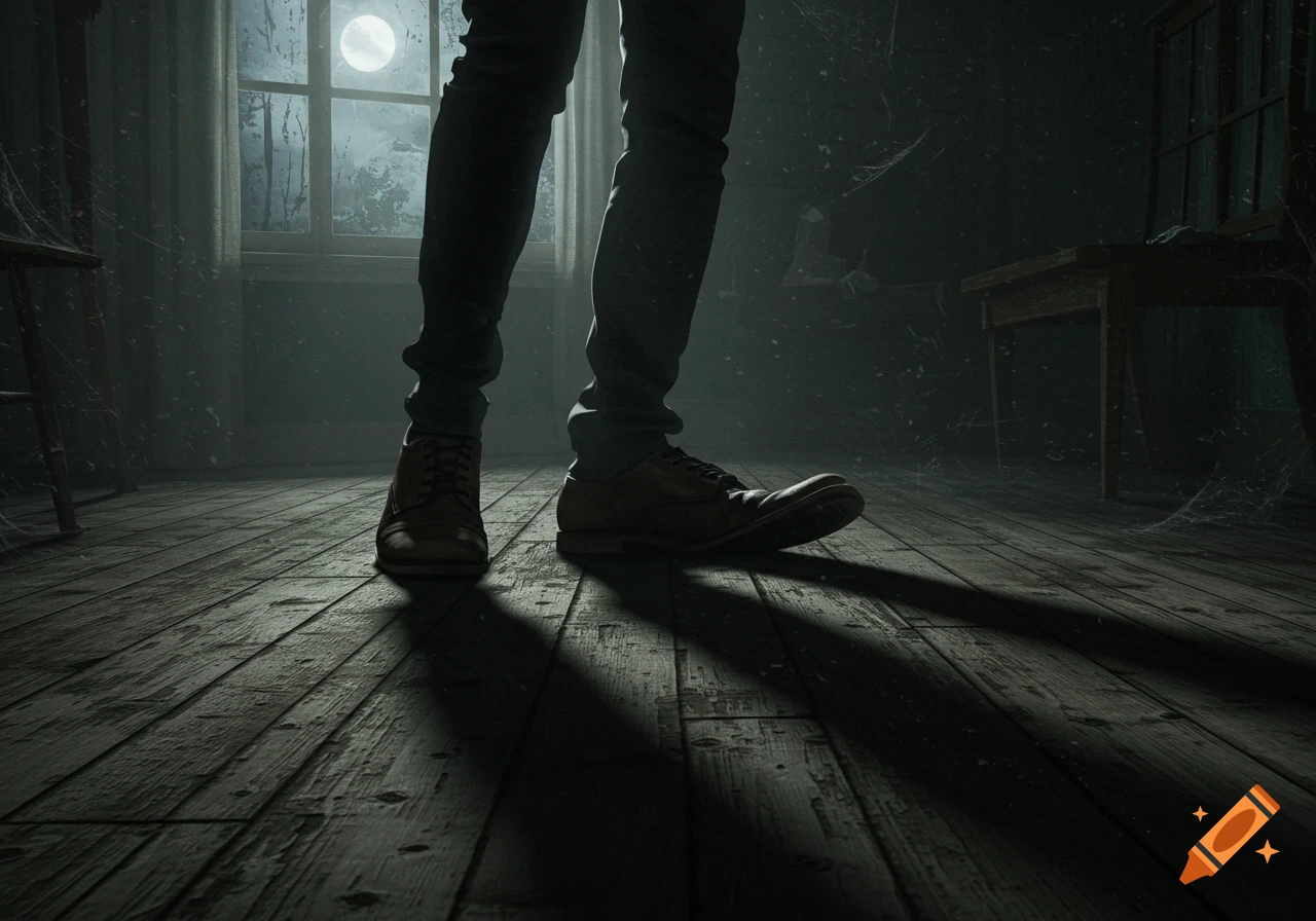 Low-angle shot of a person's legs in old leather shoes on a wooden floor in a spooky, moonlit, cobwebbed room, horror style.