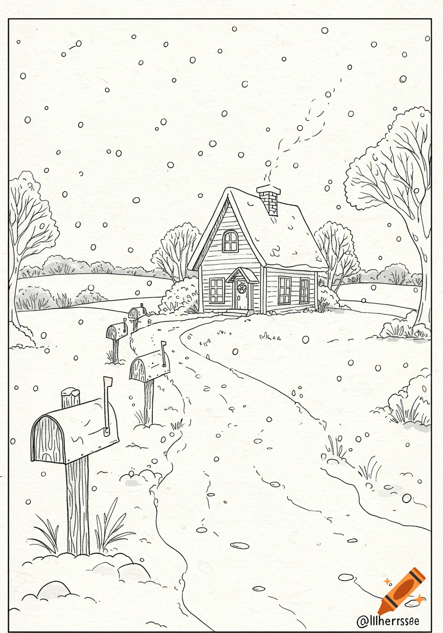 Black and white line art illustration of a snowy winter landscape with a cozy house and mailboxes along a winding path.
