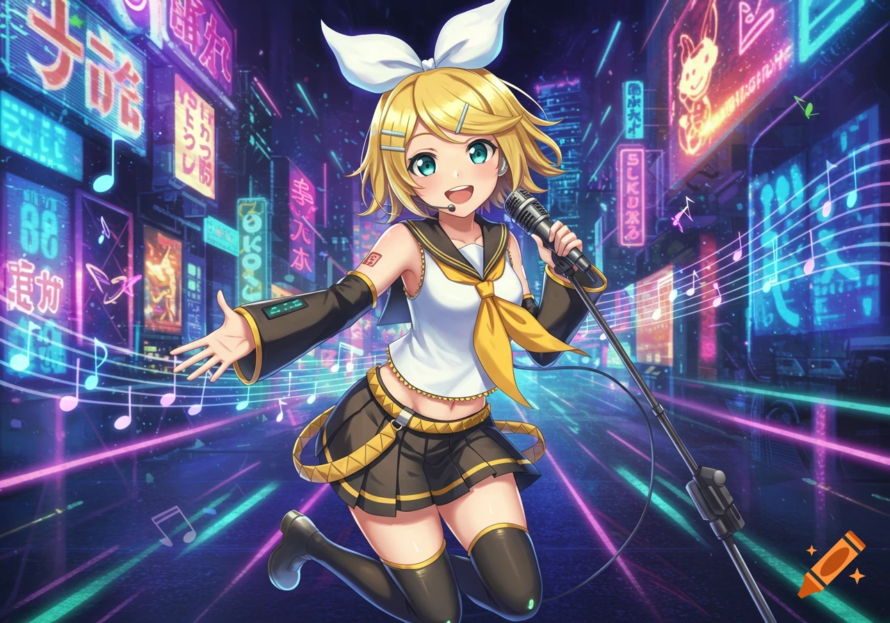 Kagamine Rin, an anime girl with blonde hair and a white bow, sings into a microphone on a neon-lit city street.