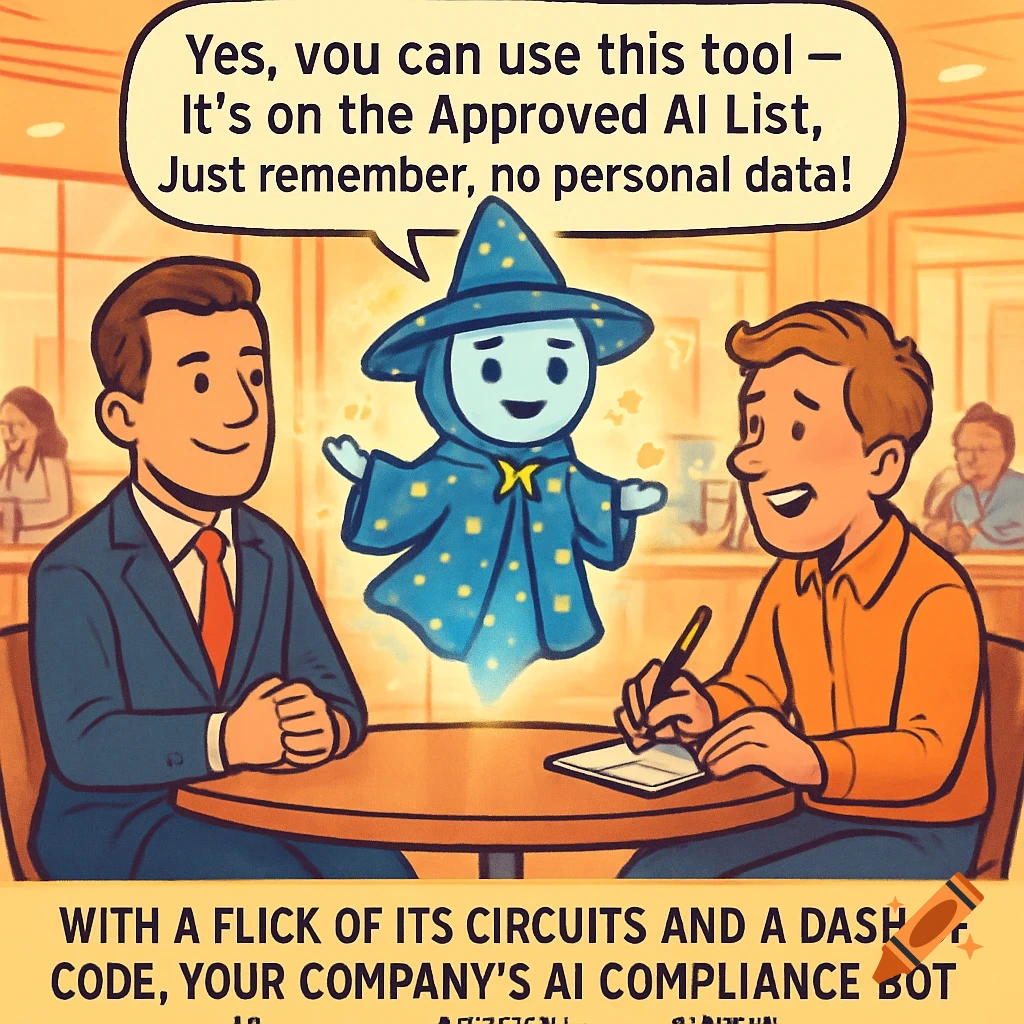 Cartoon office scene with an AI wizard bot advising two men, one taking notes.