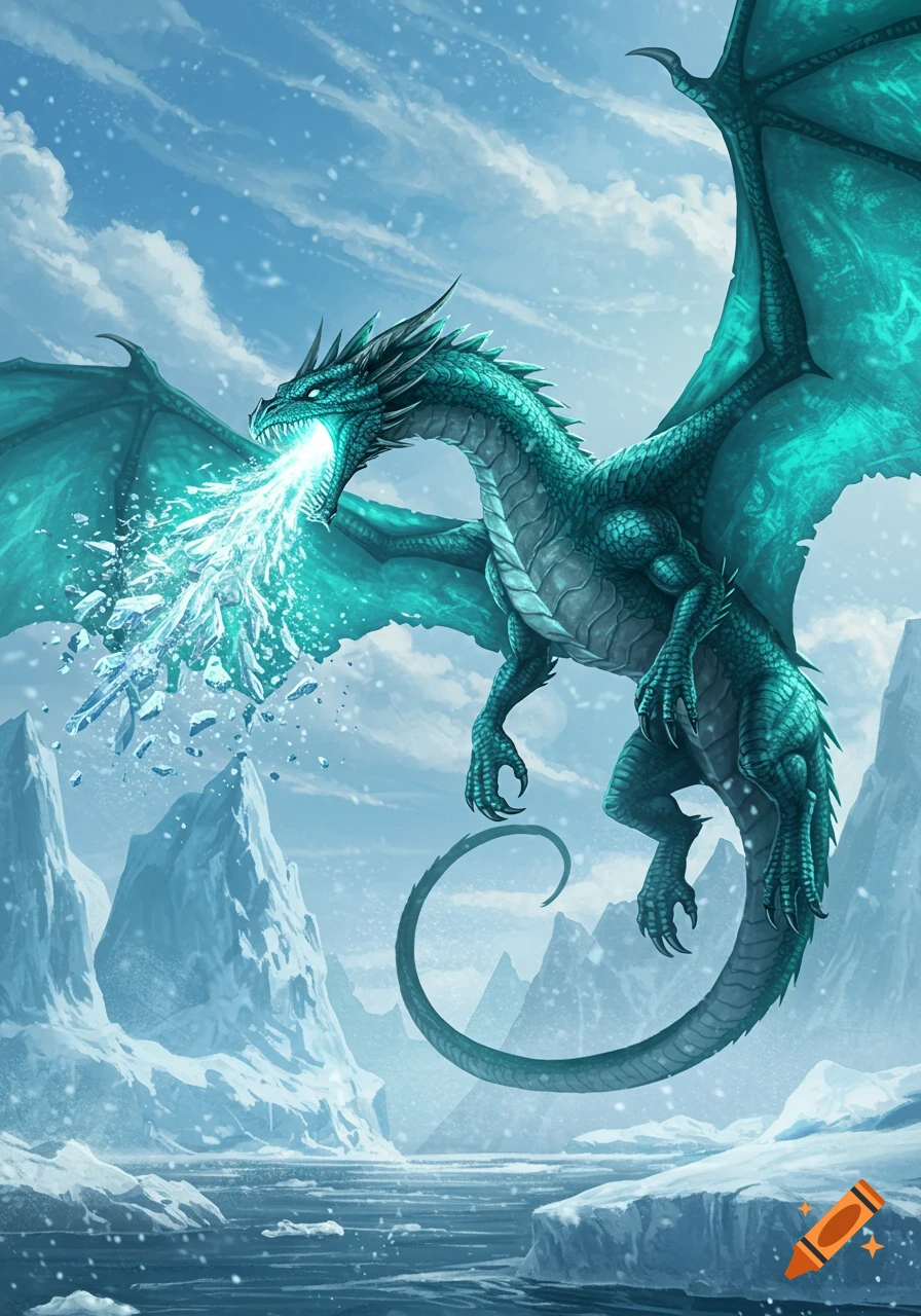 A majestic teal dragon with large wings flies over a snowy, icy landscape under a blue sky, breathing a blast of ice.