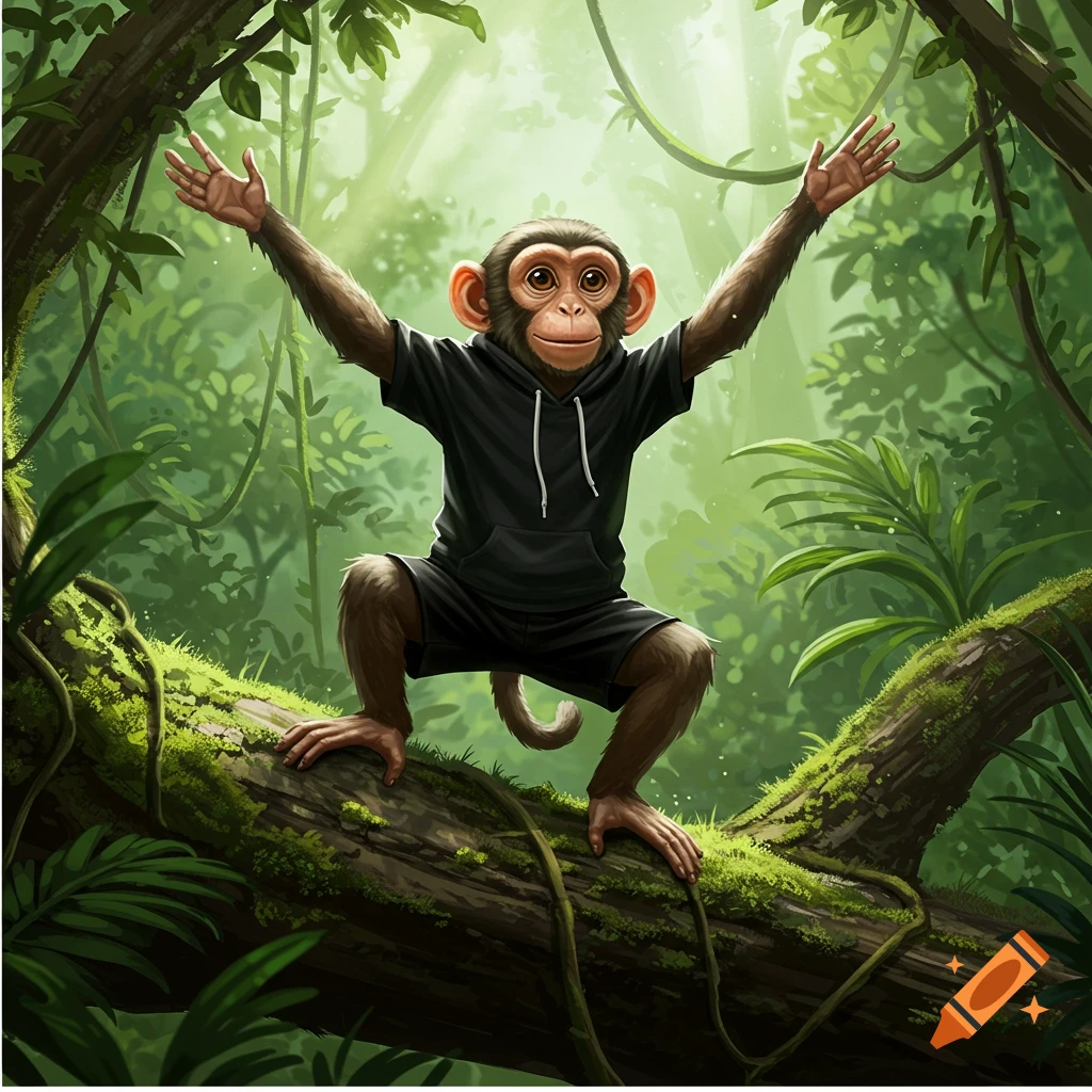 A happy cartoon monkey wearing a black hoodie and shorts sits on a mossy log in a lush green jungle, with arms outstretched.