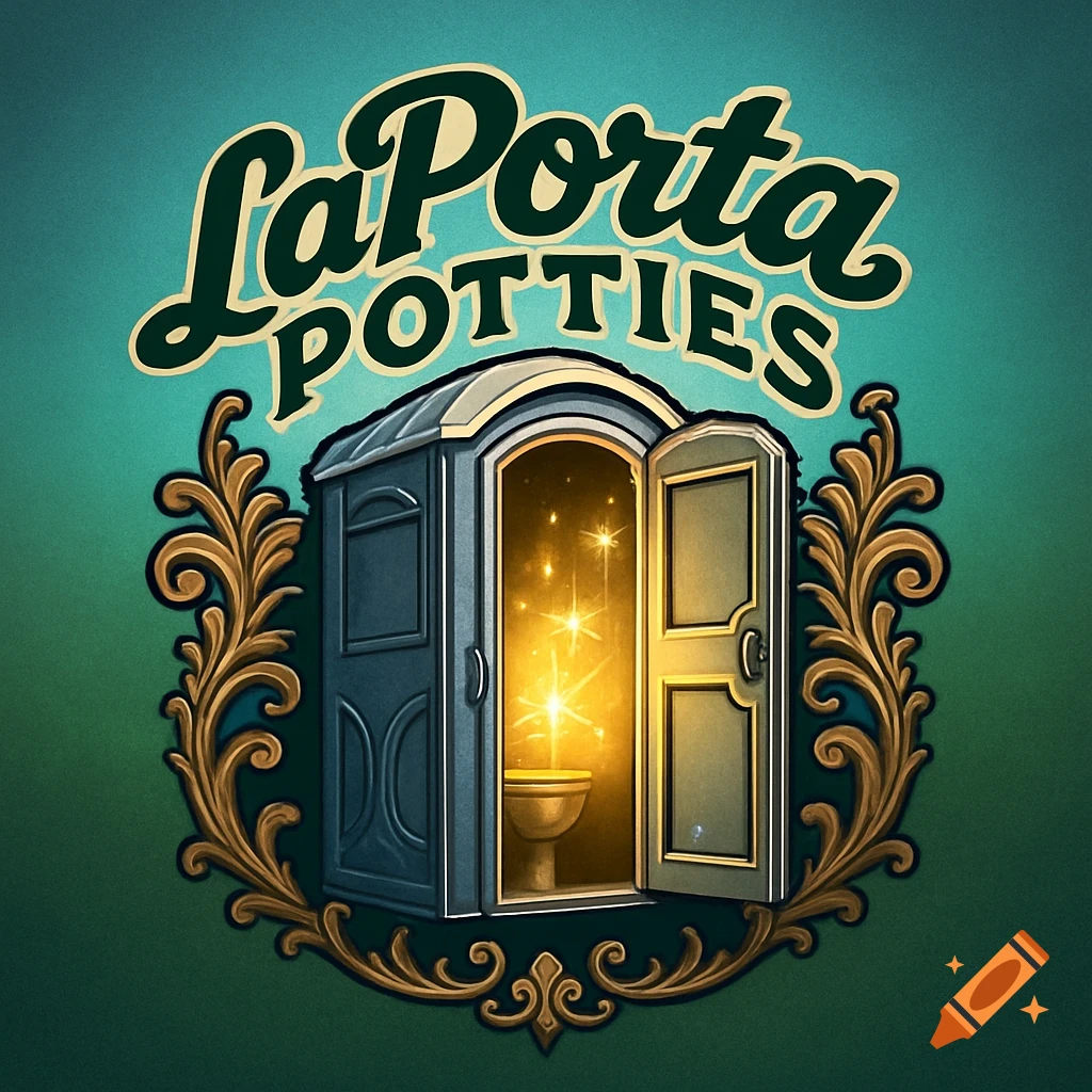Logo of a portable toilet with a glowing interior, surrounded by gold scrollwork, and 'LaPorta POTTIES' text.