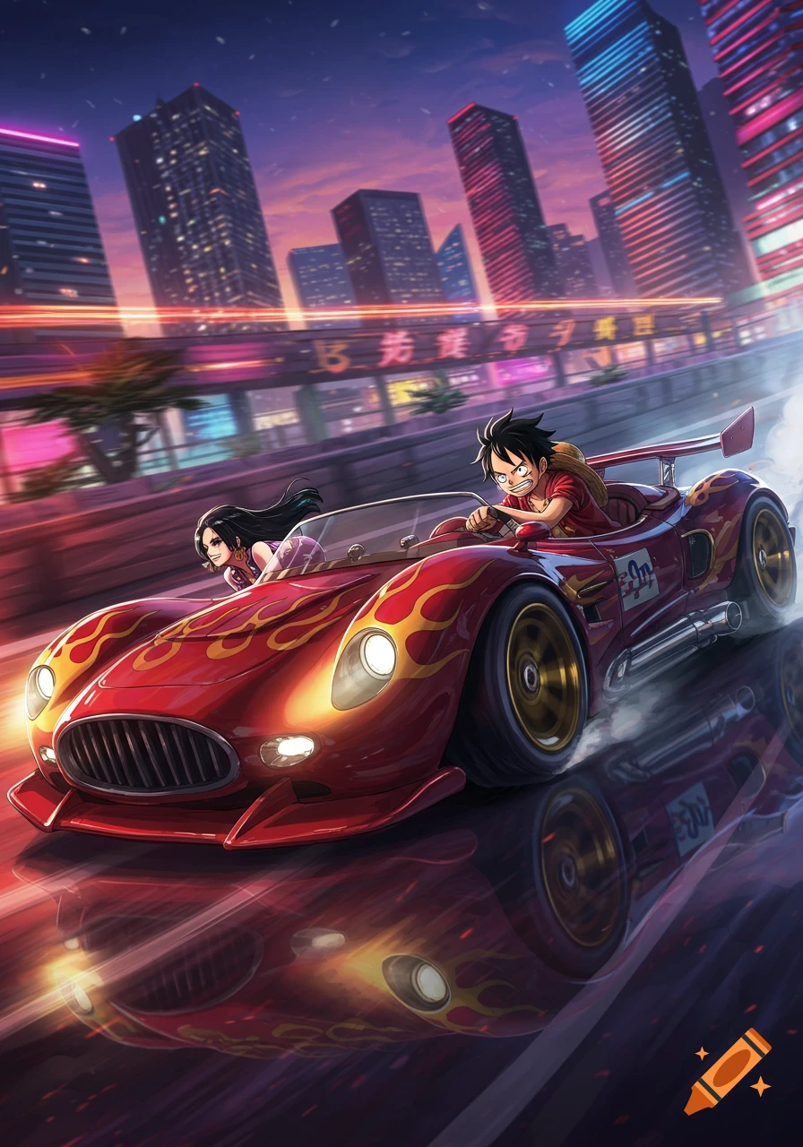 Anime characters Luffy and Hancock race a red, flame-detailed car through a neon-lit city at dusk.
