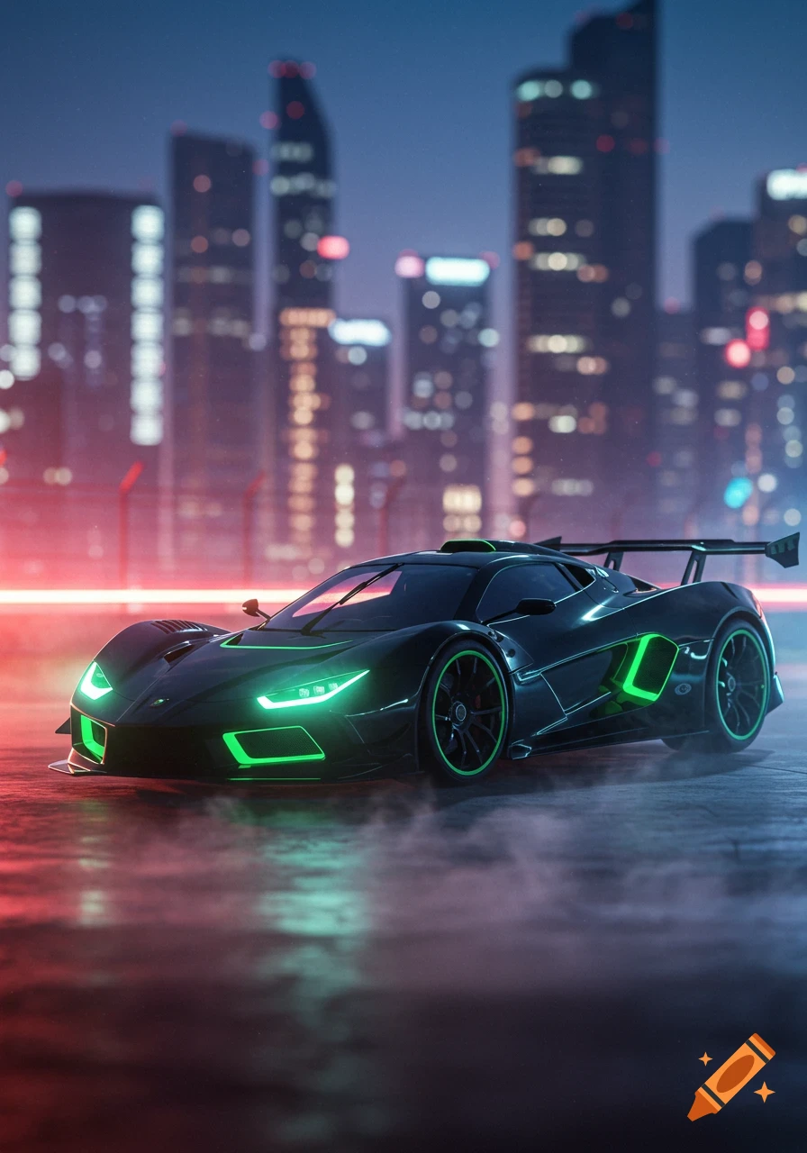 Sleek black futuristic sports car with glowing green neon accents on a wet street at night, blurred city skyline in background.