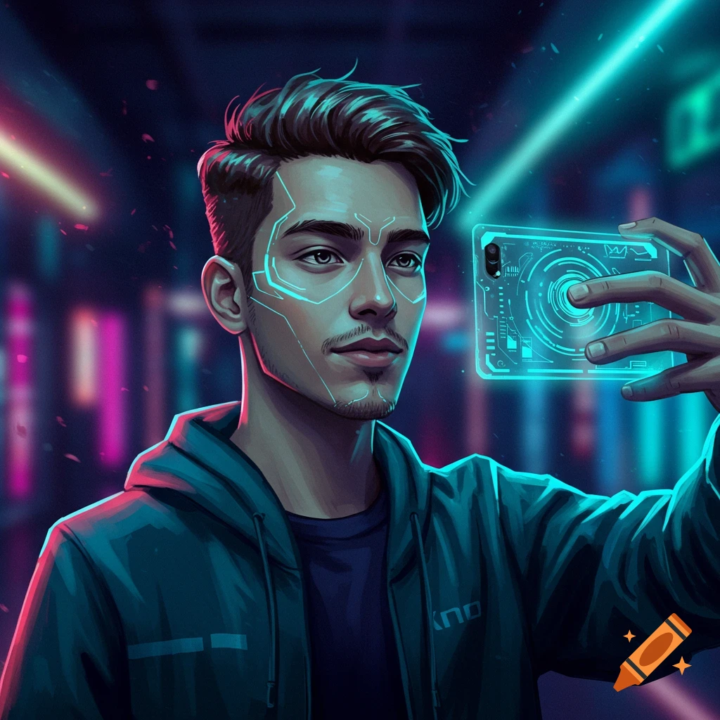 Digital art portrait of a young man with glowing facial patterns, holding a transparent, holographic smartphone in a neon-lit city.